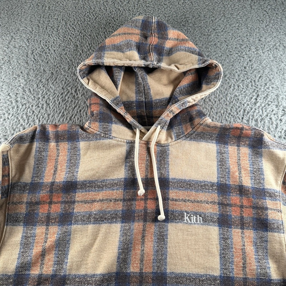 Kith Hoodie Mens L Plaid Pullover Pocket Beige Blue Rust Fleece Lined Relaxed‎ - Picture 2 of 8